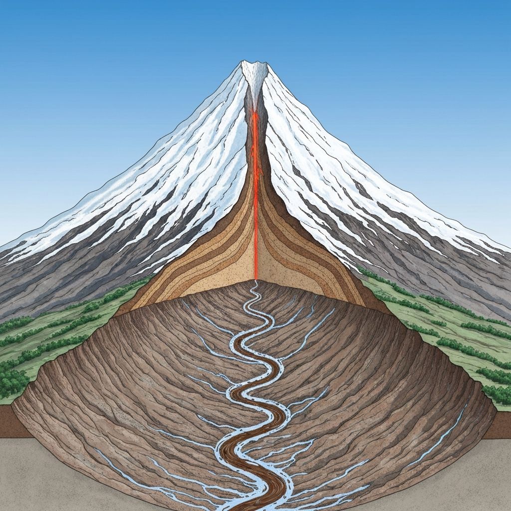 Lahar formation diagram showing snow melt mixing with volcanic ash