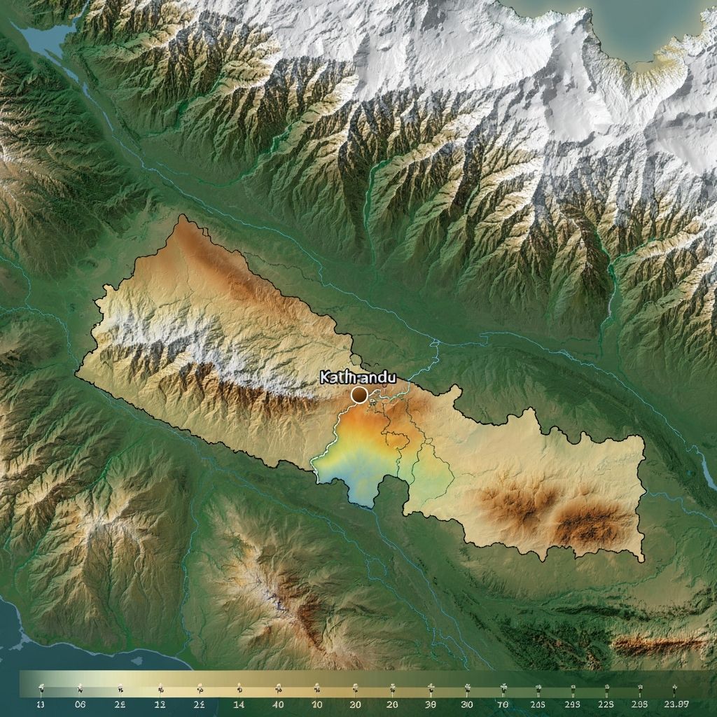Map of Nepal showing Himalayan mountain range and earthquake epicentre location