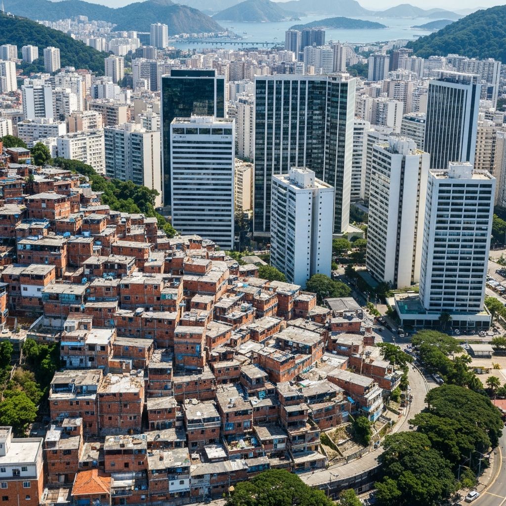 Contrast between favela housing and luxury apartments in Rio