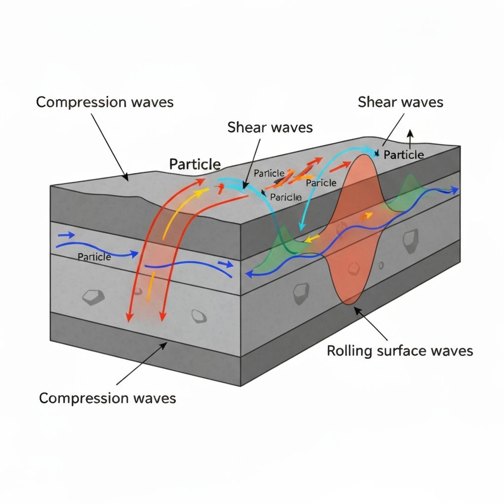 Diagram showing P-waves S-waves and surface waves propagating through earth